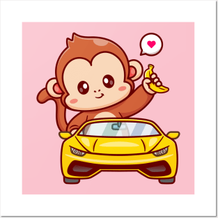 Cute Monkey Driving Car And Holding Banana Cartoon Posters and Art